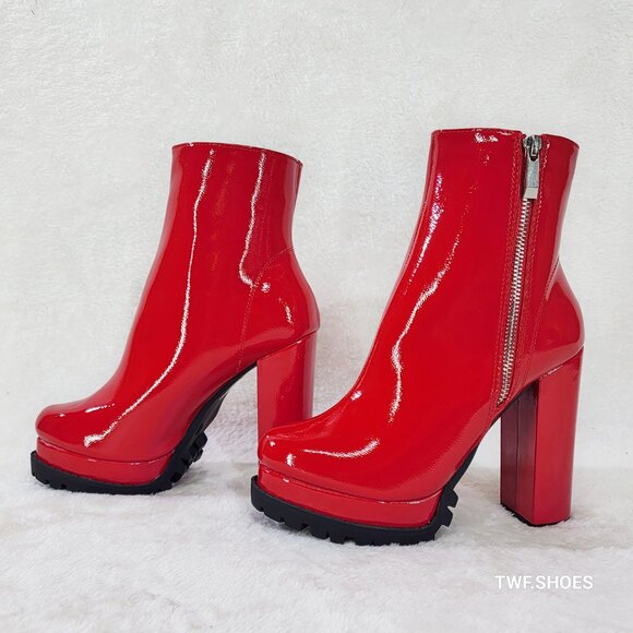 Wild Diva Vivian Red Patent Chunky Heel Platform Ankle Boots New - Picture 8 of 8